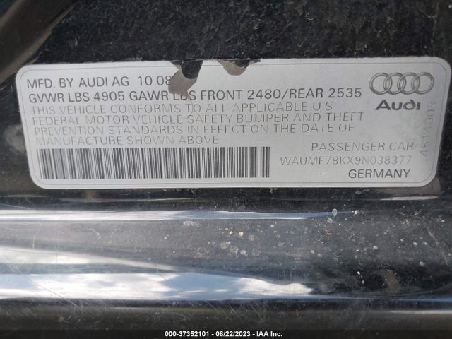 2009 AUDI A4 2.0T PRESTIGE VIN: WAUMF78KX9N038377