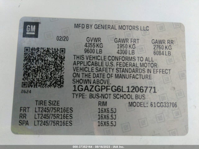 2020 CHEVROLET EXPRESS PASSENGER LT VIN: 1GAZGPFG6L1206771