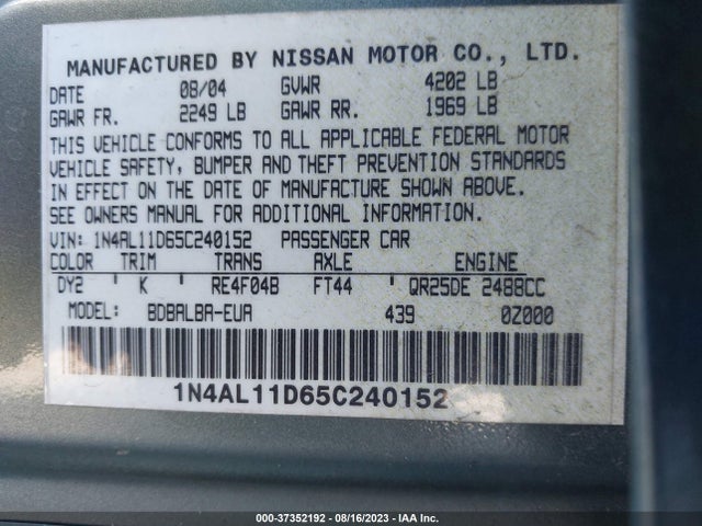 2005 NISSAN ALTIMA 2.5 S VIN: 1N4AL11D65C240152