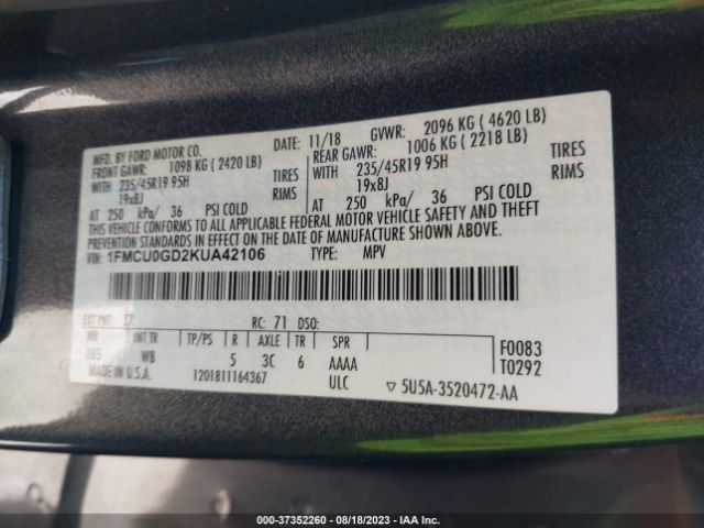 1FMCU0GD2KUA42106 Ford ESCAPE SE