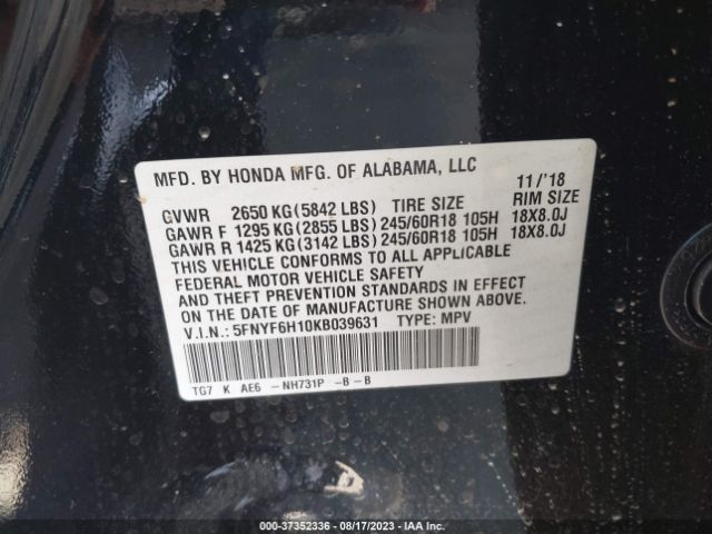 5FNYF6H10KB039631 Honda PILOT LX