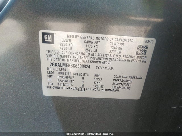 2012 GMC TERRAIN SLE-1 VIN: 2GKALMEK3C6300824