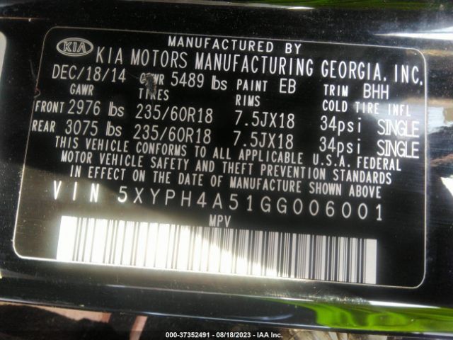 5XYPH4A51GG006001 KIA SORENTO EX