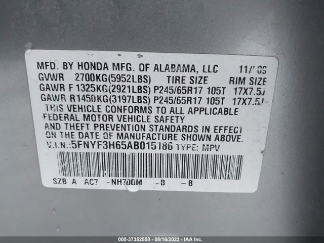 2010 HONDA PILOT EX-L VIN: 5FNYF3H65AB015186