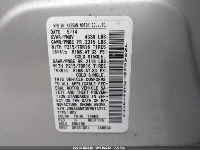 JN8AS5MT3EW614274 Nissan Rogue Select S