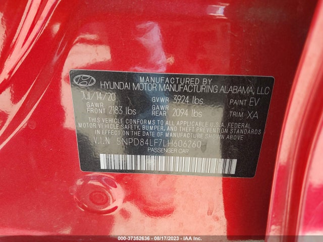 2020 HYUNDAI ELANTRA SEL VIN: 5NPD84LF7LH606260