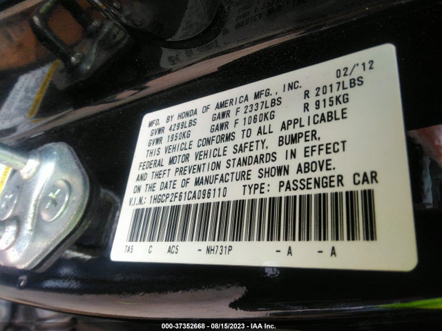 2012 HONDA ACCORD SDN SE VIN: 1HGCP2F61CA096110