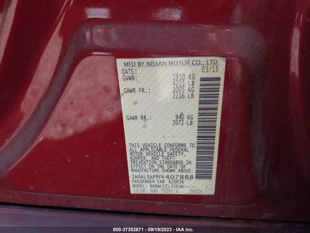 2015 Nissan Altima 2.5 S მანქანა იყიდება აუქციონზე, vin: 1N4AL3AP9FN407888, აუქციონის ნომერი: 37352671