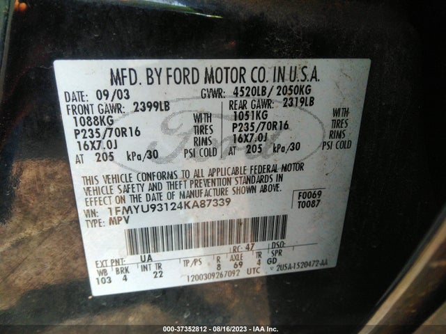 2004 FORD ESCAPE XLT VIN: 1FMYU93124KA87339