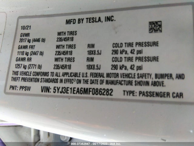 Tesla Model 3 Standard Range Plus 2021 5YJ3E1EA6MF086282 Image 9