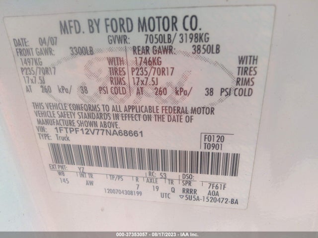2007 FORD F-150 XL/XLT VIN: 1FTPF12V77NA68661