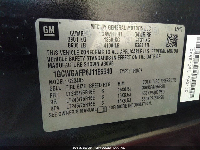 2018 CHEVROLET EXPRESS CARGO VAN VIN: 1GCWGAFP6J1185540