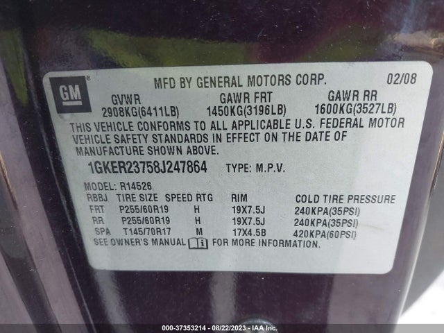 2008 GMC ACADIA SLT1 VIN: 1GKER23758J247864
