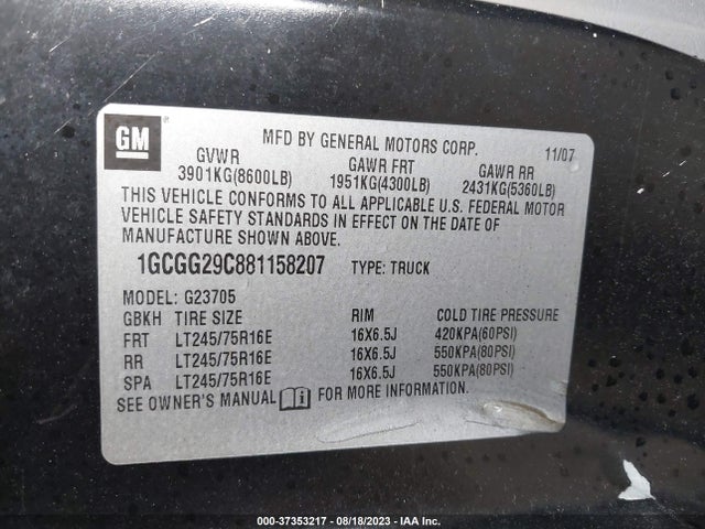 2008 CHEVROLET EXPRESS CARGO VAN VIN: 1GCGG29C881158207