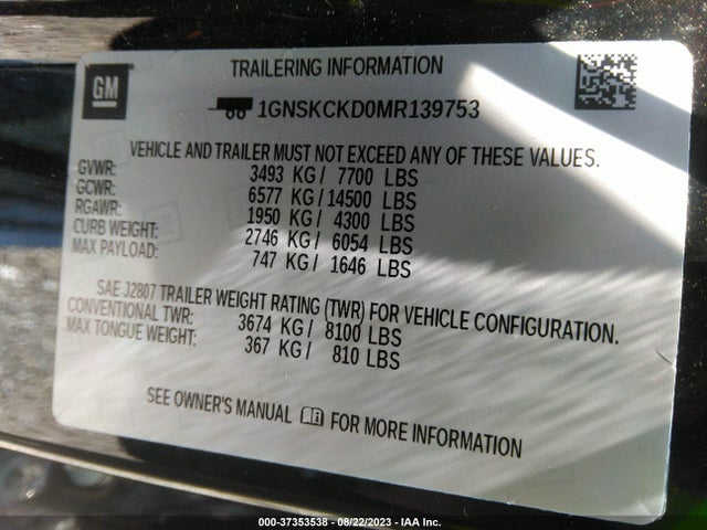 Chevrolet Suburban Lt 2021 1GNSKCKD0MR139753 Image 9