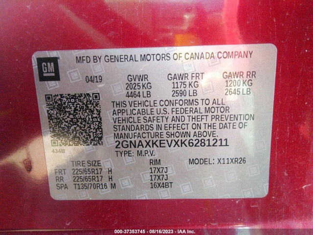 Chevrolet EQUINOX LT 2019 2GNAXKEVXK6281211 Image 9
