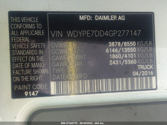 2016 Freightliner Sprinter, VIN: WDYPE7DD4GP277147