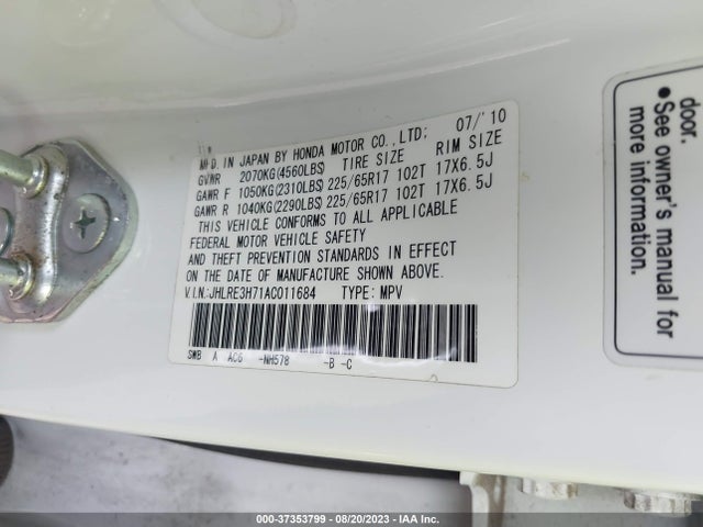 2010 HONDA CR-V EX-L VIN: JHLRE3H71AC011684