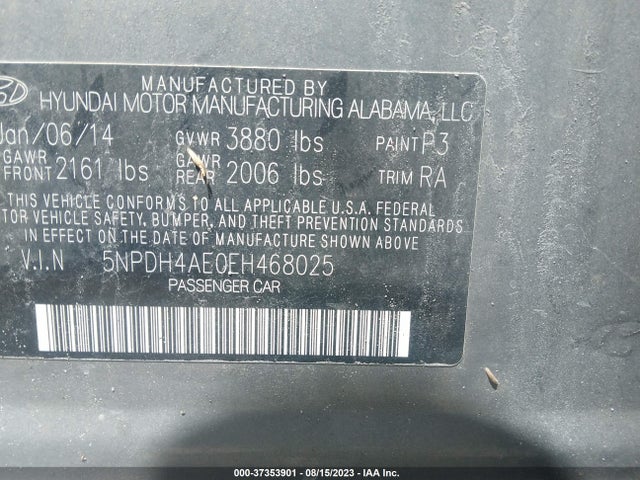 2014 HYUNDAI ELANTRA SE VIN: 5NPDH4AE0EH468025