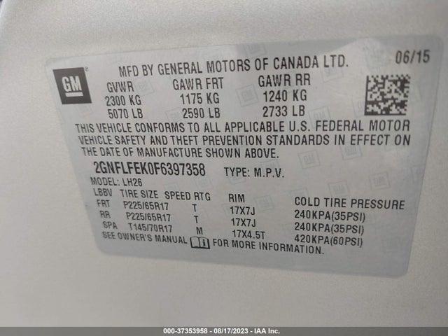 Chevrolet EQUINOX LT 2015 2GNFLFEK0F6397358 Image 9