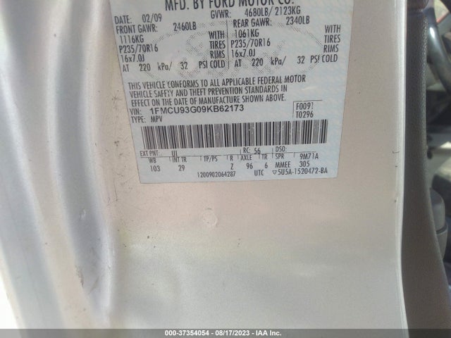 2009 FORD ESCAPE XLT VIN: 1FMCU93G09KB62173