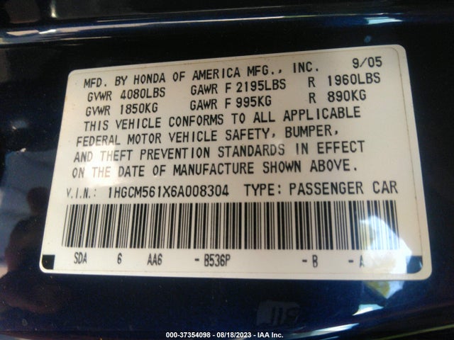 2006 HONDA ACCORD SDN VP VIN: 1HGCM561X6A008304