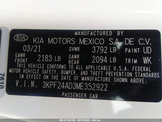 2021 KIA FORTE LXS VIN: 3KPF24AD3ME352922