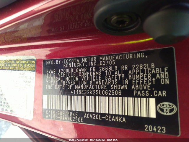 2005 TOYOTA CAMRY STD/LE/SE/XLE VIN: 4T1BE32K25U062506