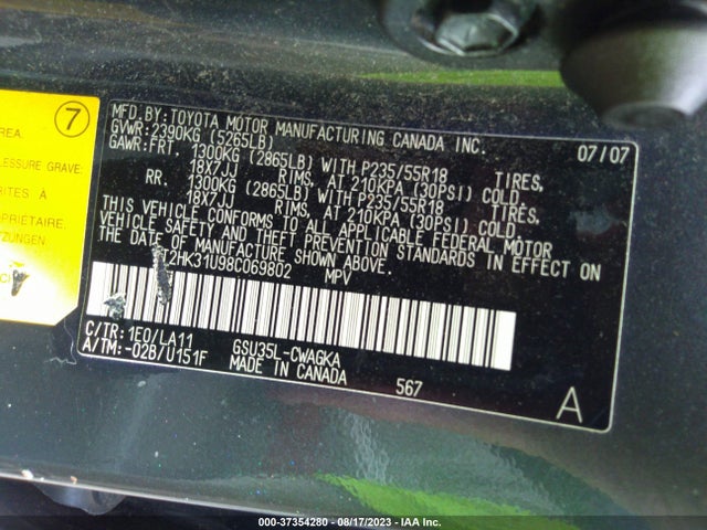 2008 LEXUS RX 350 VIN: 2T2HK31U98C069802