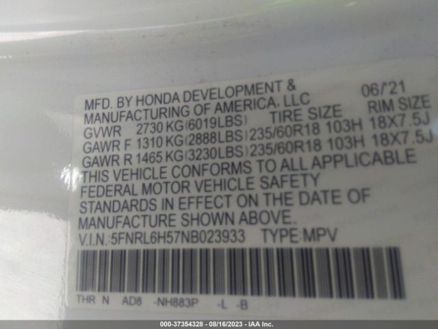 5FNRL6H57NB023933 Honda ODYSSEY EX