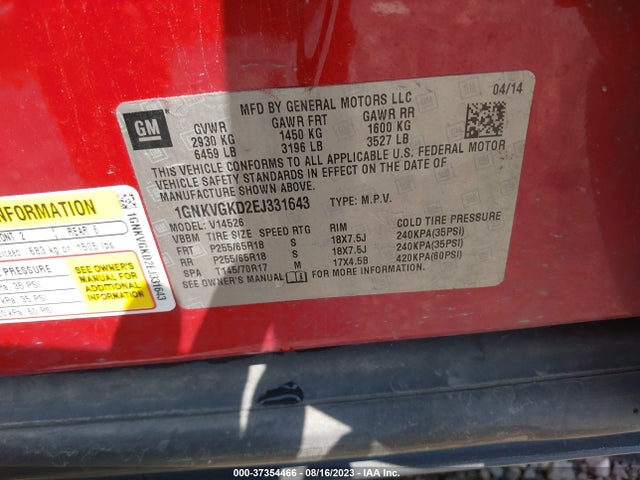 Chevrolet Traverse Lt 2014 1GNKVGKD2EJ331643 Image 9
