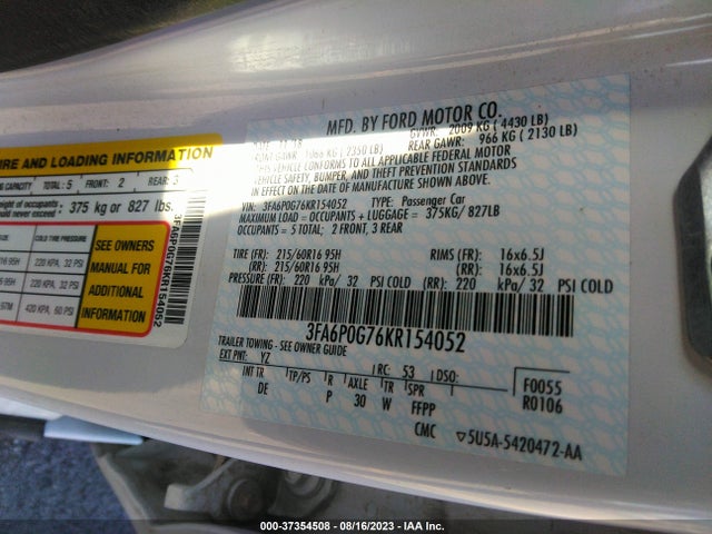 3FA6P0G76KR154052 Ford FUSION S