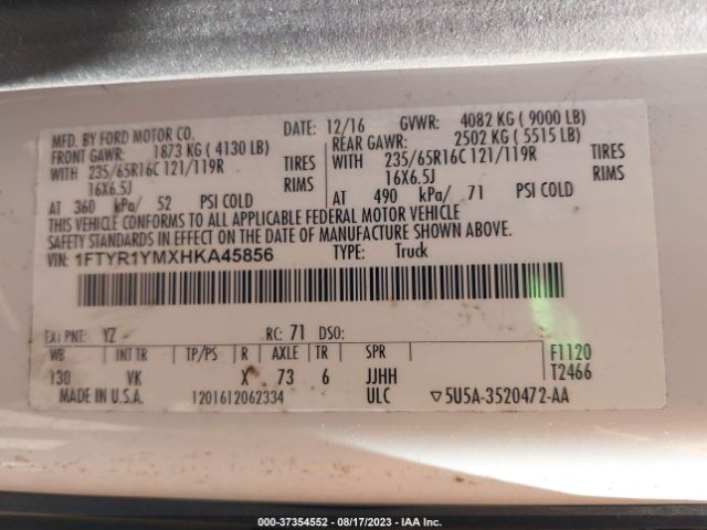 1FTYR1YMXHKA45856 Ford TRANSIT VAN