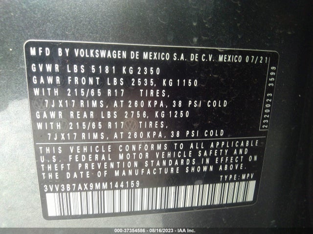 3VV3B7AX9MM144159 Volkswagen Tiguan Se/se R-line Black/sel