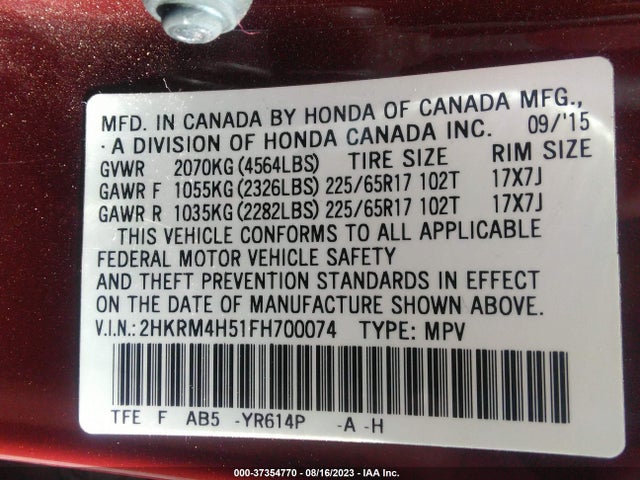 Honda CR-V EX 2015 2HKRM4H51FH700074 Image 9