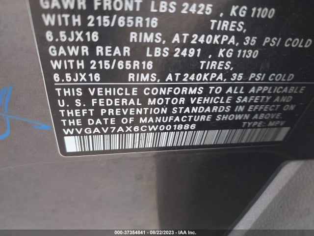 2012 VOLKSWAGEN TIGUAN S VIN: WVGAV7AX6CW001886