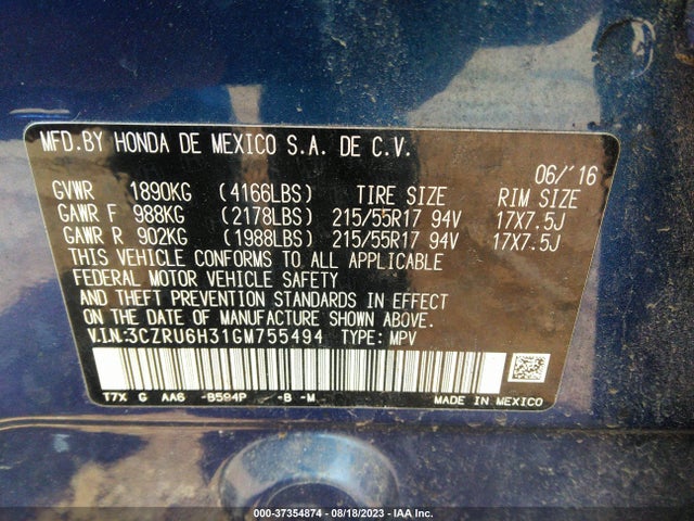 Honda HR-V LX 2016 3CZRU6H31GM755494 Image 9