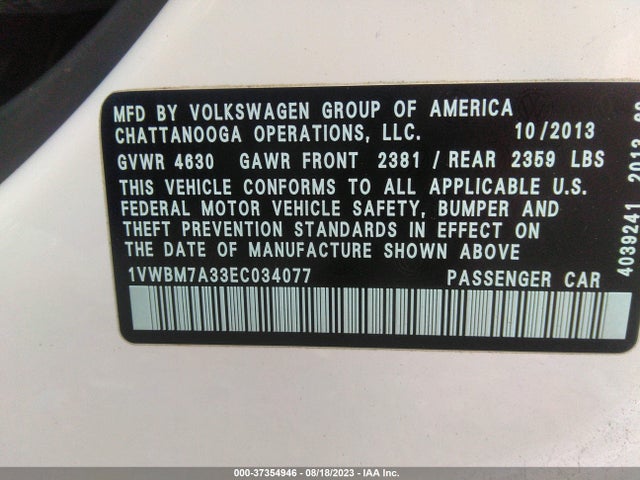 1VWBM7A33EC034077 Volkswagen Passat Se W/sunroof