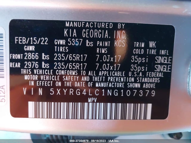 2022 KIA SORENTO LX VIN: 5XYRG4LC1NG107379