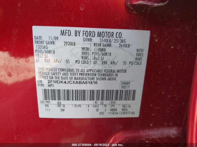 2010 FORD EDGE SEL VIN: 2FMDK4JCXABA61816
