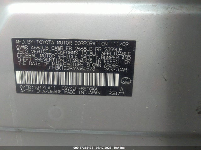 2010 LEXUS ES 350 VIN: JTHBK1EG9A2362573