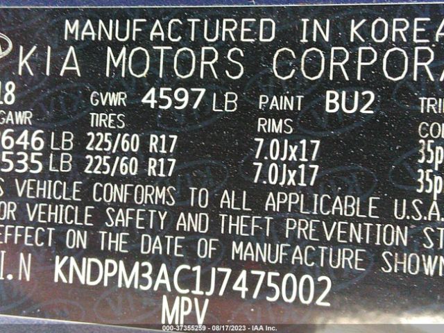 KNDPM3AC1J7475002 KIA Sportage Lx