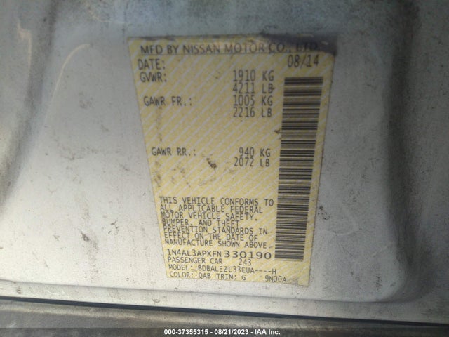 2015 NISSAN ALTIMA 2.5 S VIN: 1N4AL3APXFN330190