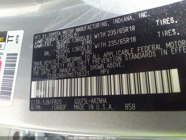 Toyota Highlander L/le 2021 5TDBZRBH7MS118331 Image 9