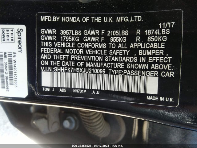 Honda Civic Hatchback Ex 2018 SHHFK7H5XJU210099 Image 9