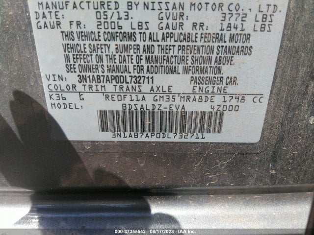 2013 NISSAN SENTRA SV VIN: 3N1AB7AP0DL732711