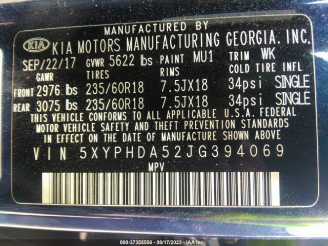 5XYPHDA52JG394069 KIA Sorento Ex V6
