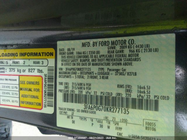 3FA6P0G70KR277135 Ford FUSION S