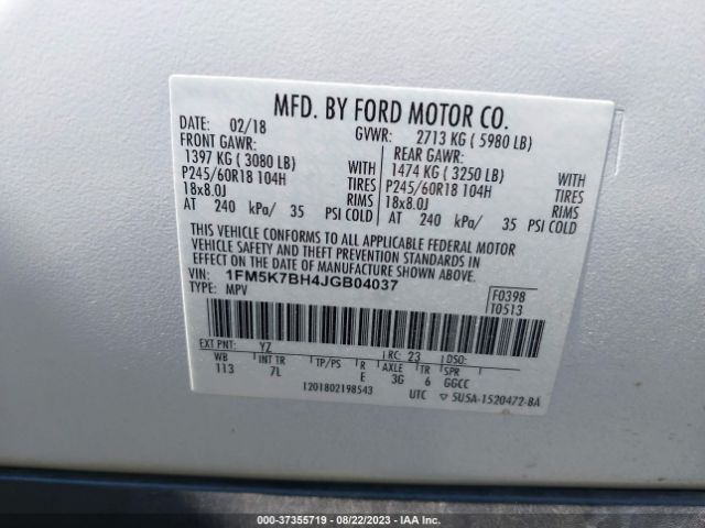 1FM5K7BH4JGB04037 Ford Explorer Base