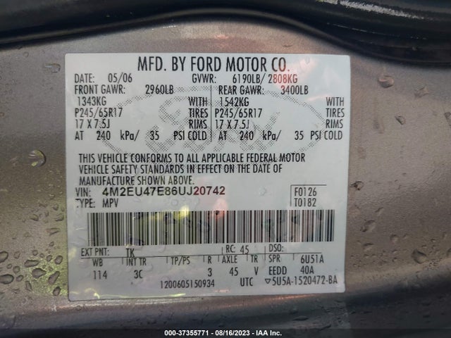 2006 MERCURY MOUNTAINEER LUXURY VIN: 4M2EU47E86UJ20742